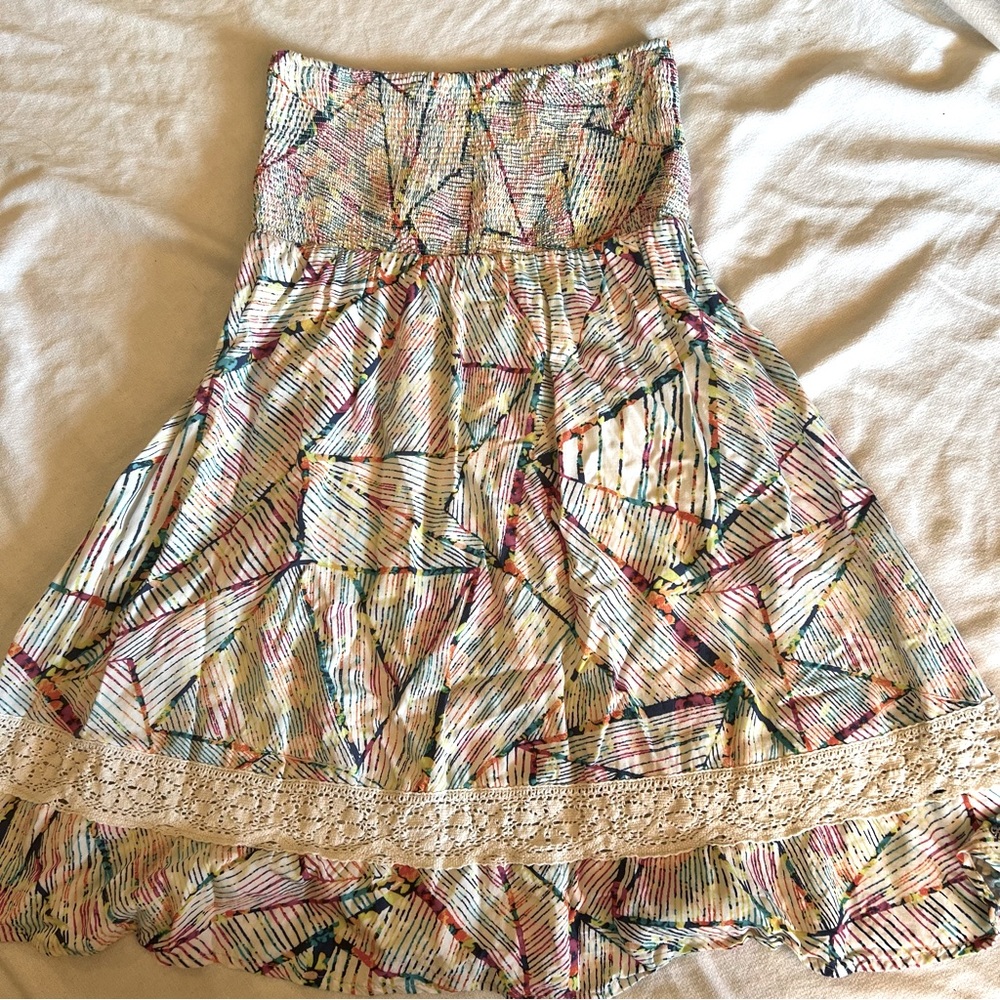 Rag Strapless multi colored lace  bust elastic mini dress. Size small